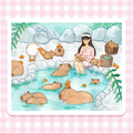 Illustration of a person in a hot spring with lots of capybaras, print