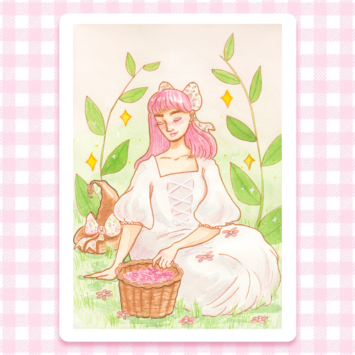Illustration of a witch with pink hair sitting on grass with a basket full of pink flowers she collected