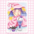 Illustration of a witch with purple blue ombre hair and a cosy pink outfit, drinking a ghost galaxy shake, print