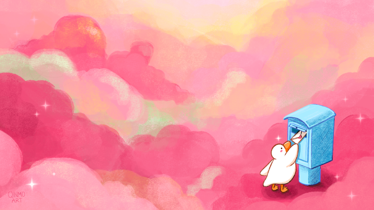 Drawing on a cute white duck posting a letter in a blue mailbox. Background is a pink hued sky with fluffy clouds. Text reads: international shipping. All products made and shipped by me.