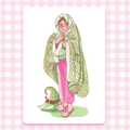 Illustration of a witch wearing a green patterned quilt, with the witch hat on the floor. Print