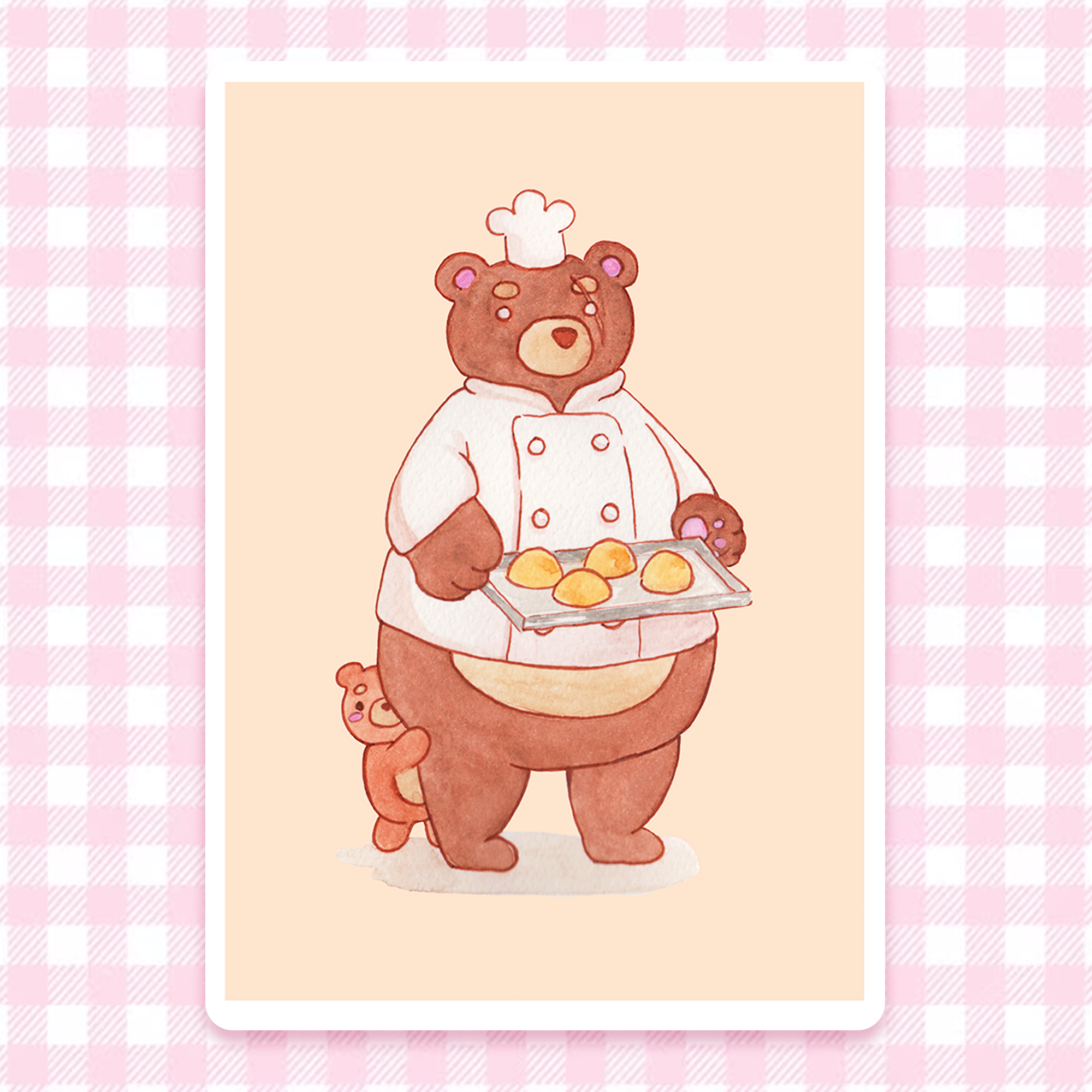 Illustration of a bear chef holding a tray of buns and his son hiding behind his back, print
