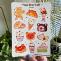 Sticker sheet with cute bear themed pastries, drinks, bread and desserts.