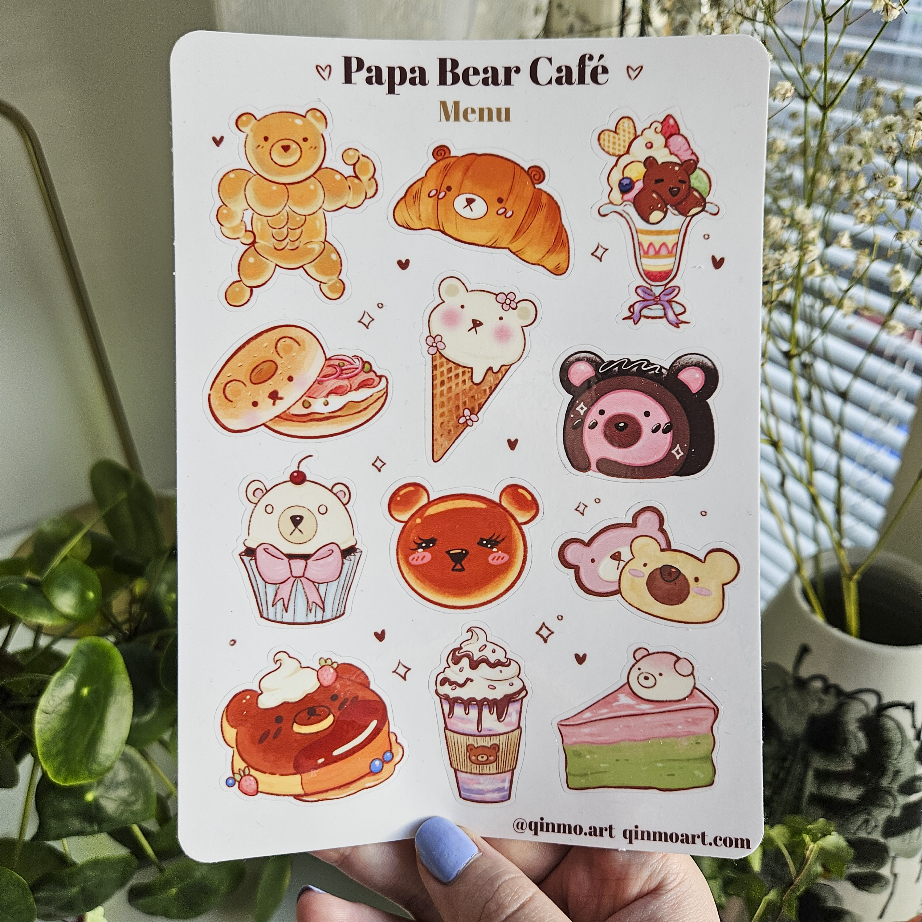 Sticker sheet with cute bear themed pastries, drinks, bread and desserts.