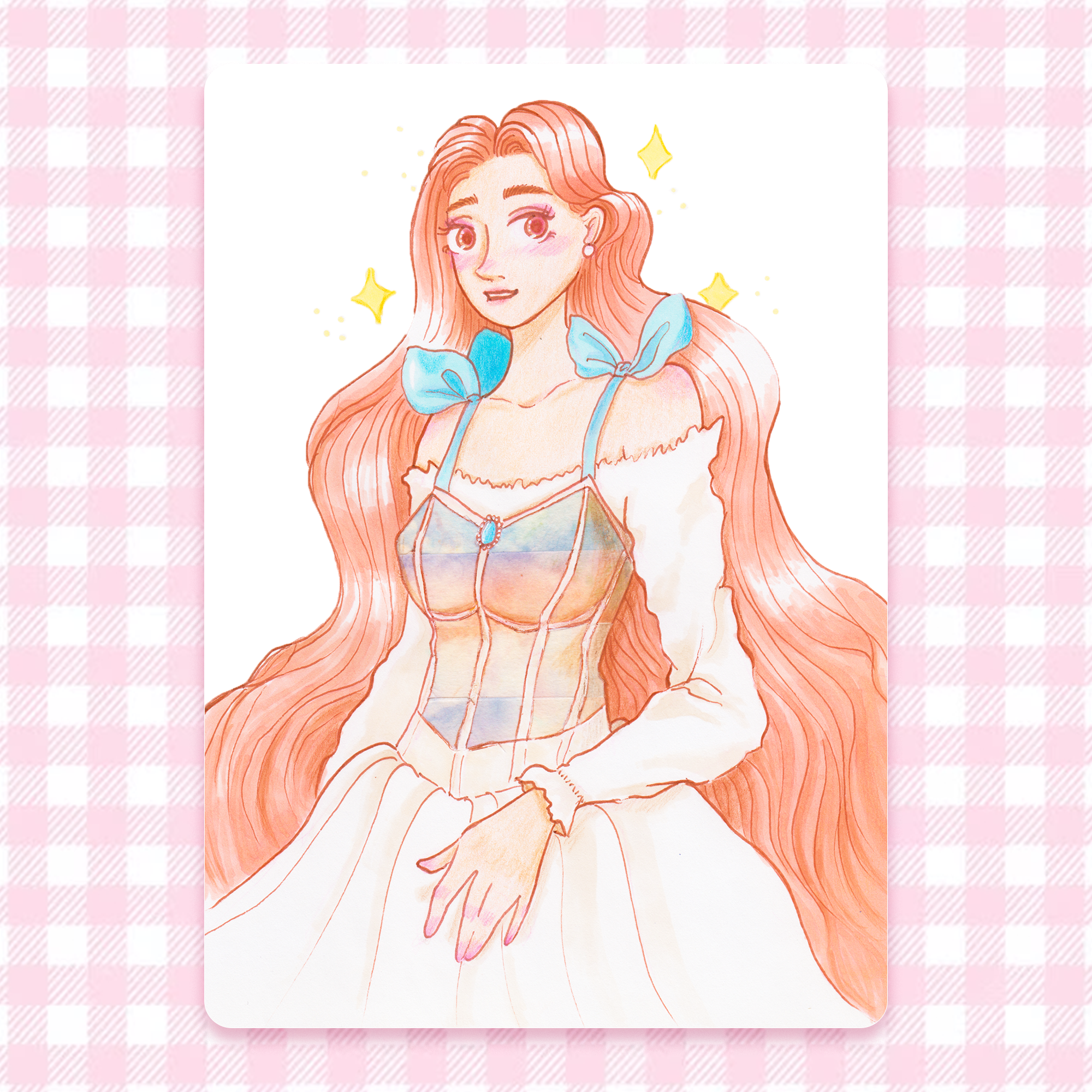 Illustration of a character with long hair and a white dress and a corset top, print